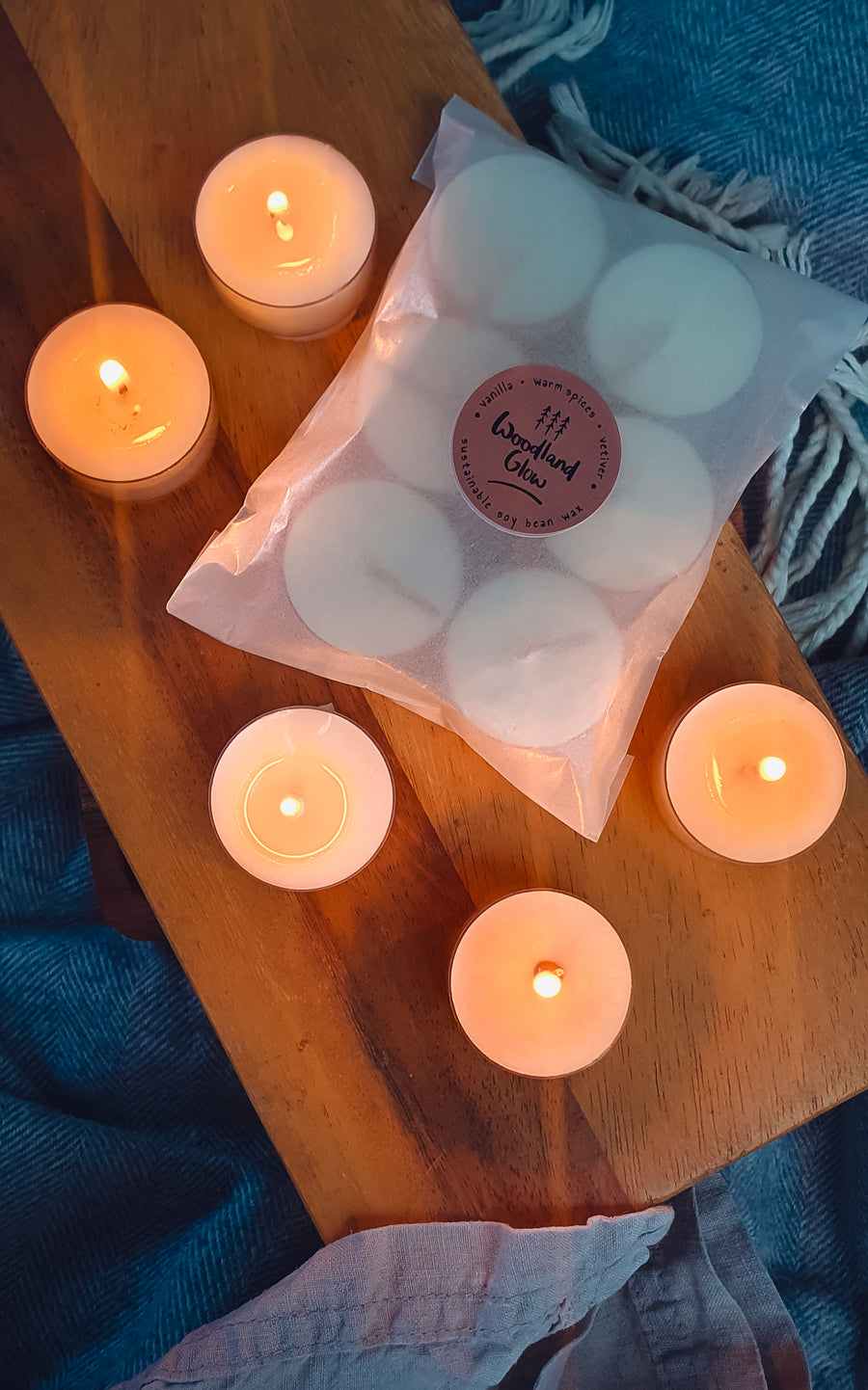 6 woodland glow scented soy wax tealights  with biodegradable packaging. Very sustainable. 