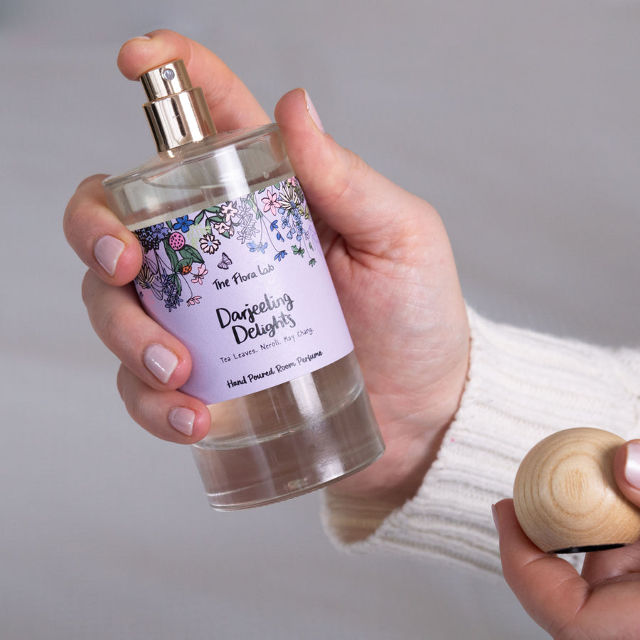Darjeeling Delights Luxury Room Spray - Beautiful Glass Room Spray Bottle with Wooden Lid