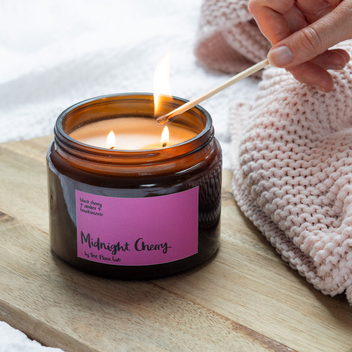 Midnight Cherry Candle. Black Cherry, Amber + Frankincense: Natural Wax Candle. Scented Candle Hand-poured in the UK.