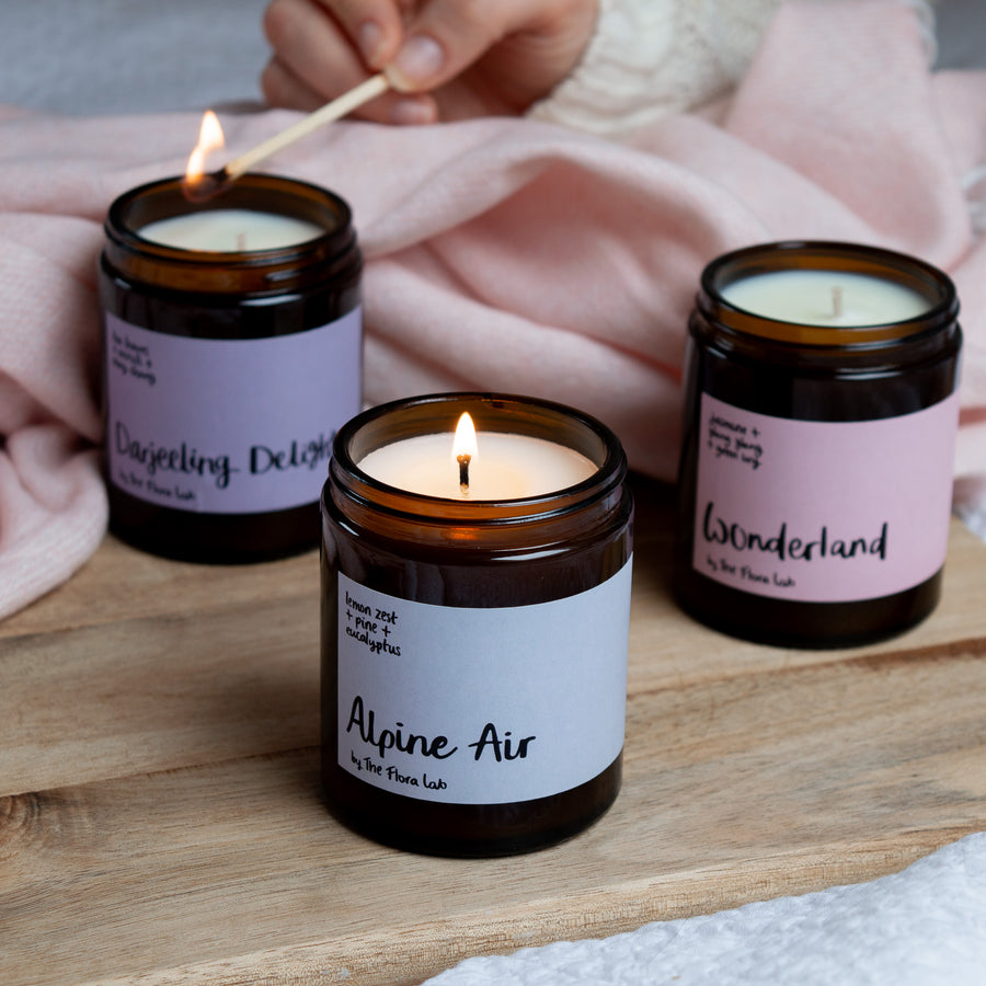 Trio of soy wax candles ready made gift box. Perfect for christmas, birthdays and house warming presents. Featuring Alpine Air, Wonderland and Darjeeling Delights Candles 