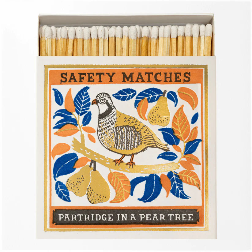 Partridge in a pear tree matches These eye catching Letterpress match boxes are the perfect accompaniment to your candle. Beautifully designed via vintage Victorian Letterpress techniques, resulting tactile, hand crafted keepsakes. Great candle accessory or a small token present. Made by a small business. 