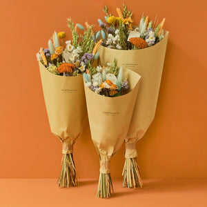 Dried Flowers - Field Bouquet - Pastel Delight all 3 sizes. All sustainably grown and dried. This bouquet contains: Natural oats, natural wheat, pesca wheat, light blue phalaris, light blue lagurus, craspedia, trinity spray roses, green amaranthus, lavender statice, white rhodanthe, and frosted salmon achillea.