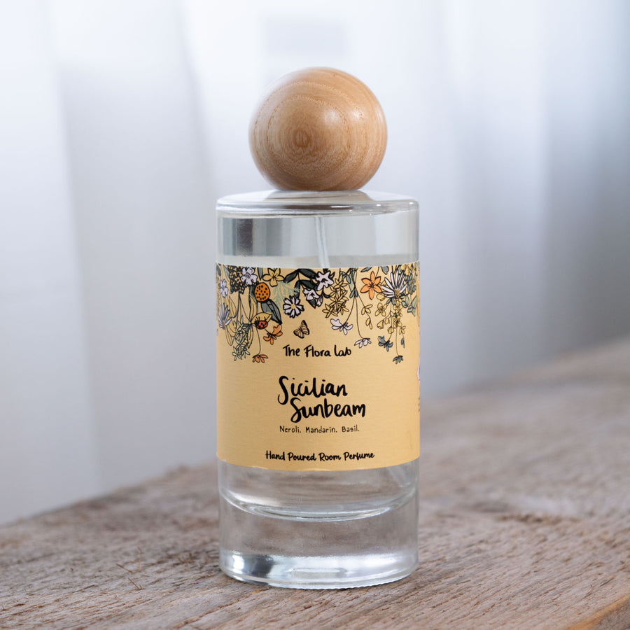 Sicilian Sunbeam Room Perfume Spray - Glass Bottle with Wooden Round Lid