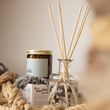 Load image into Gallery viewer, A reed diffuser set with natural wood reeds in a clear glass bottle, placed beside a dark amber jar candle and a small white box on a soft beige knit blanket. The candle label reads 'Salt' and the box reads 'it's a beautiful world'; the glass bottle also appears to show 'tea lab'.
