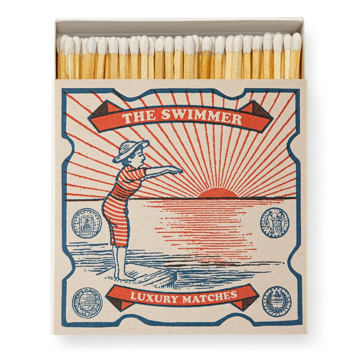 The Swimmer Luxury Matches. Ideal present for wild swimming fans. These eye catching Letterpress match boxes are the perfect accompaniment to your candle. Beautifully designed via vintage Victorian Letterpress techniques, resulting tactile, hand crafted keepsakes. Great candle accessory or a small token present. Made by a small business. 