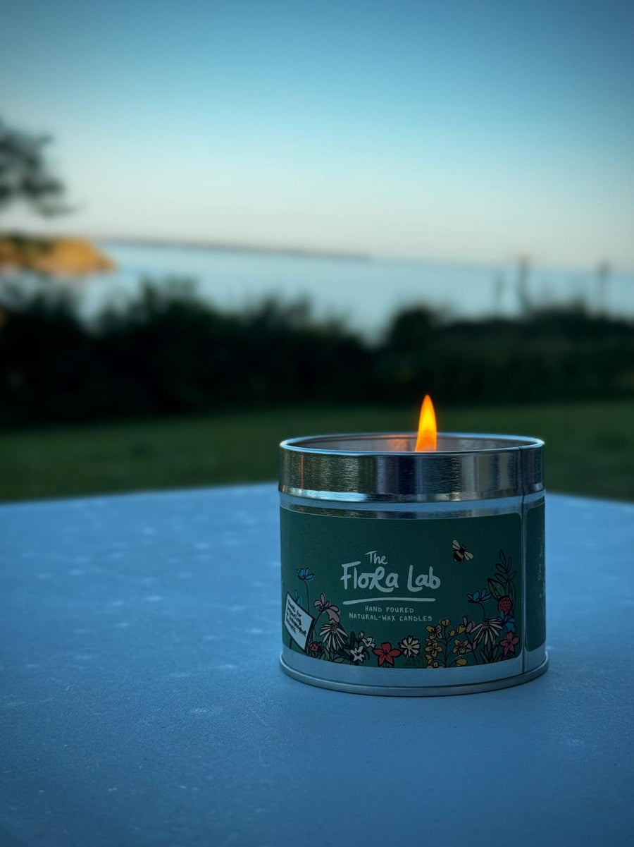Summer Night Lights Insect Repellent Garden Candle which prevents insects, wasps lit at a campsite. 