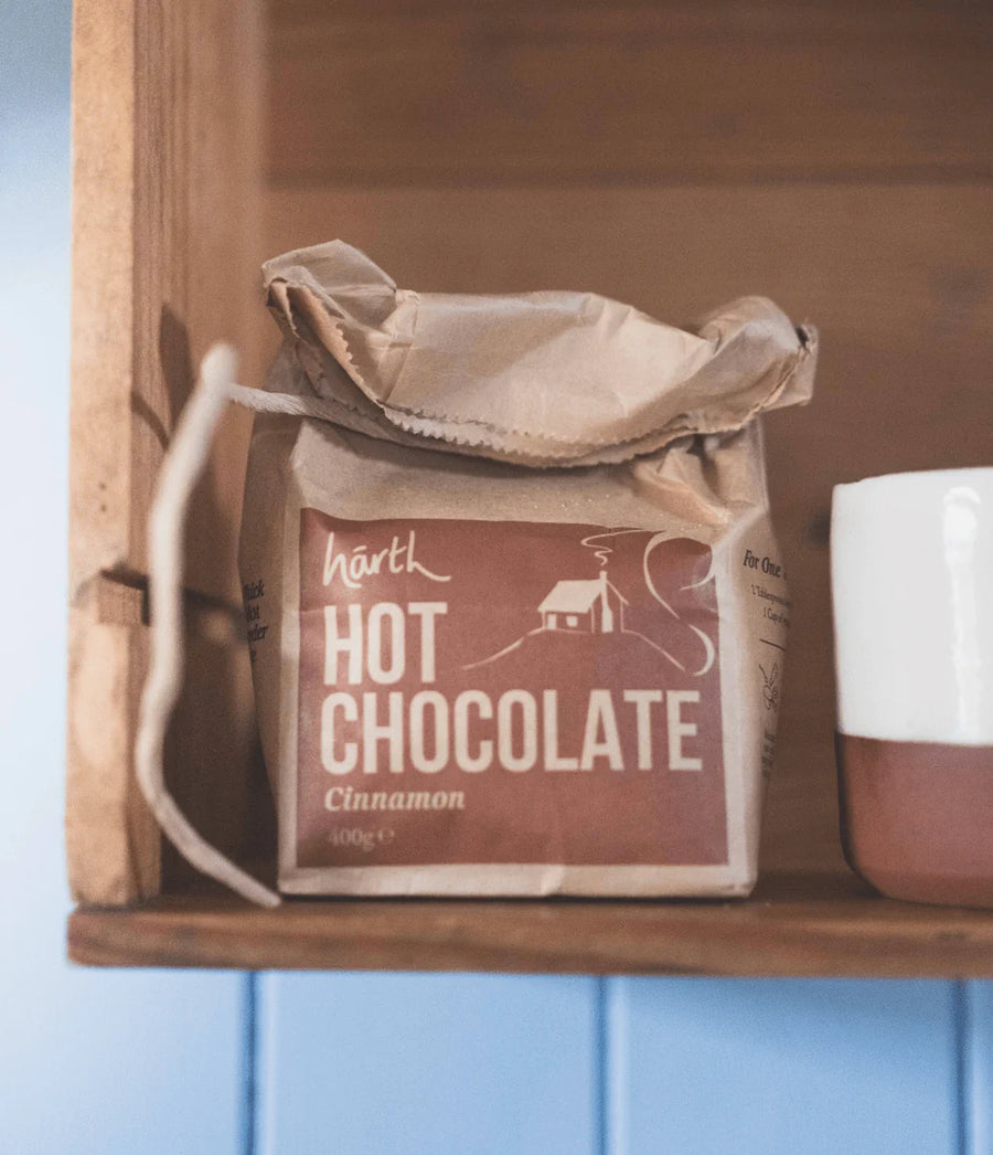 Harth premium cinnamon hot chocolate powder with visible spice blend - organic unalkalised cocoa