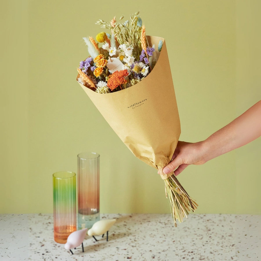 Dried Flowers - Field Bouquet - Pastel Deligh tmedium size  All sustainably grown and dried. This bouquet contains: Natural oats, natural wheat, pesca wheat, light blue phalaris, light blue lagurus, craspedia, trinity spray roses, green amaranthus, lavender statice, white rhodanthe, and frosted salmon achillea.